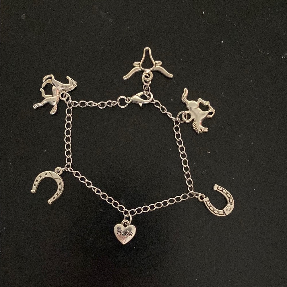 Silver Charm Bracelet with Heart and Horseshoe Charms Hand Crafted